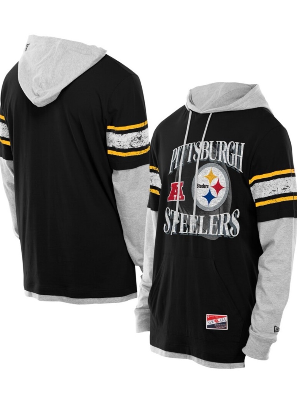 New Era Pittsburgh Steelers Black, Gray & Gold Layered-Look Hoodie NWOT XL